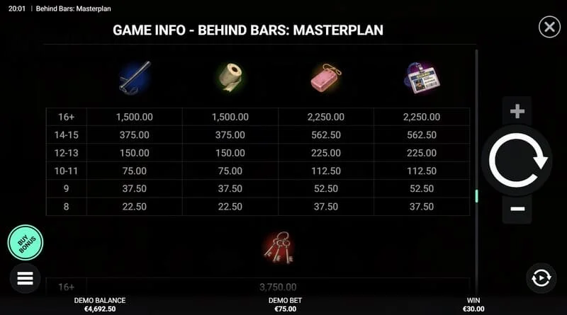 Behind Bars Masterplan – skærm med Instant Win udbetaling